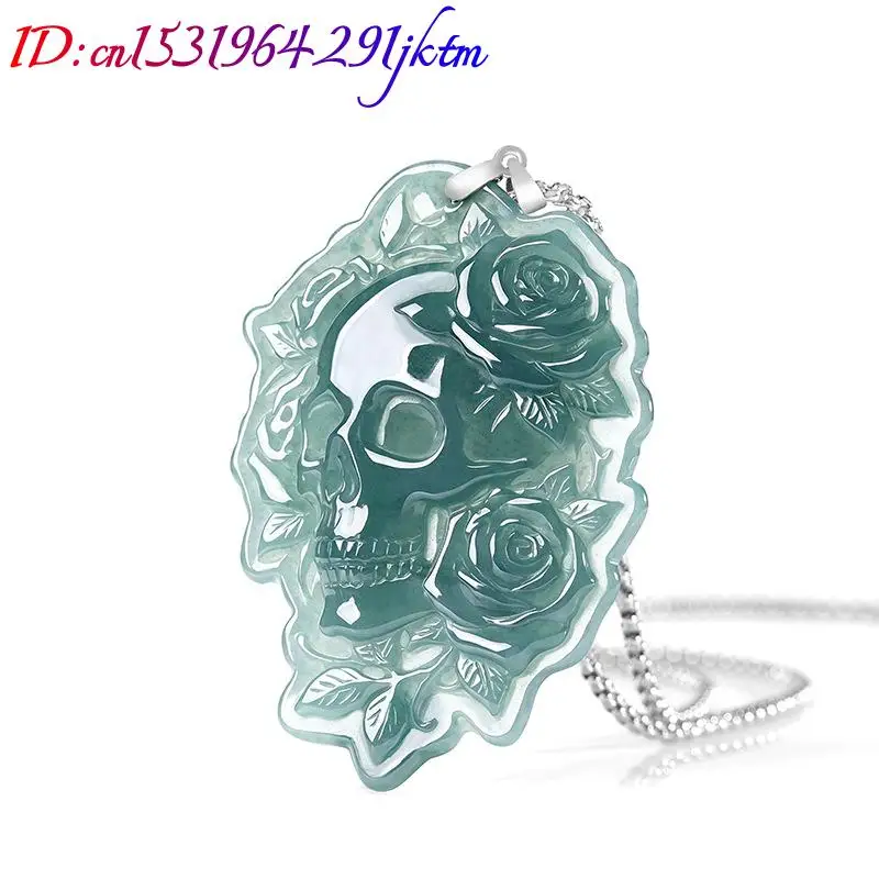 Natural Burmese Jadeite Skull Pendant Necklace Fashion Vintage 925 Silver Real Jade Designer Luxury Gemstone Gifts for Women view 2