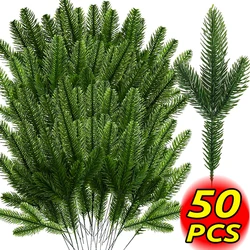 5-50pcs Christmas Needle Branch Artificial Green Snow Frosted Fake Plants Pine Sprigs Stems DIY Wreath Home Garland Decorations