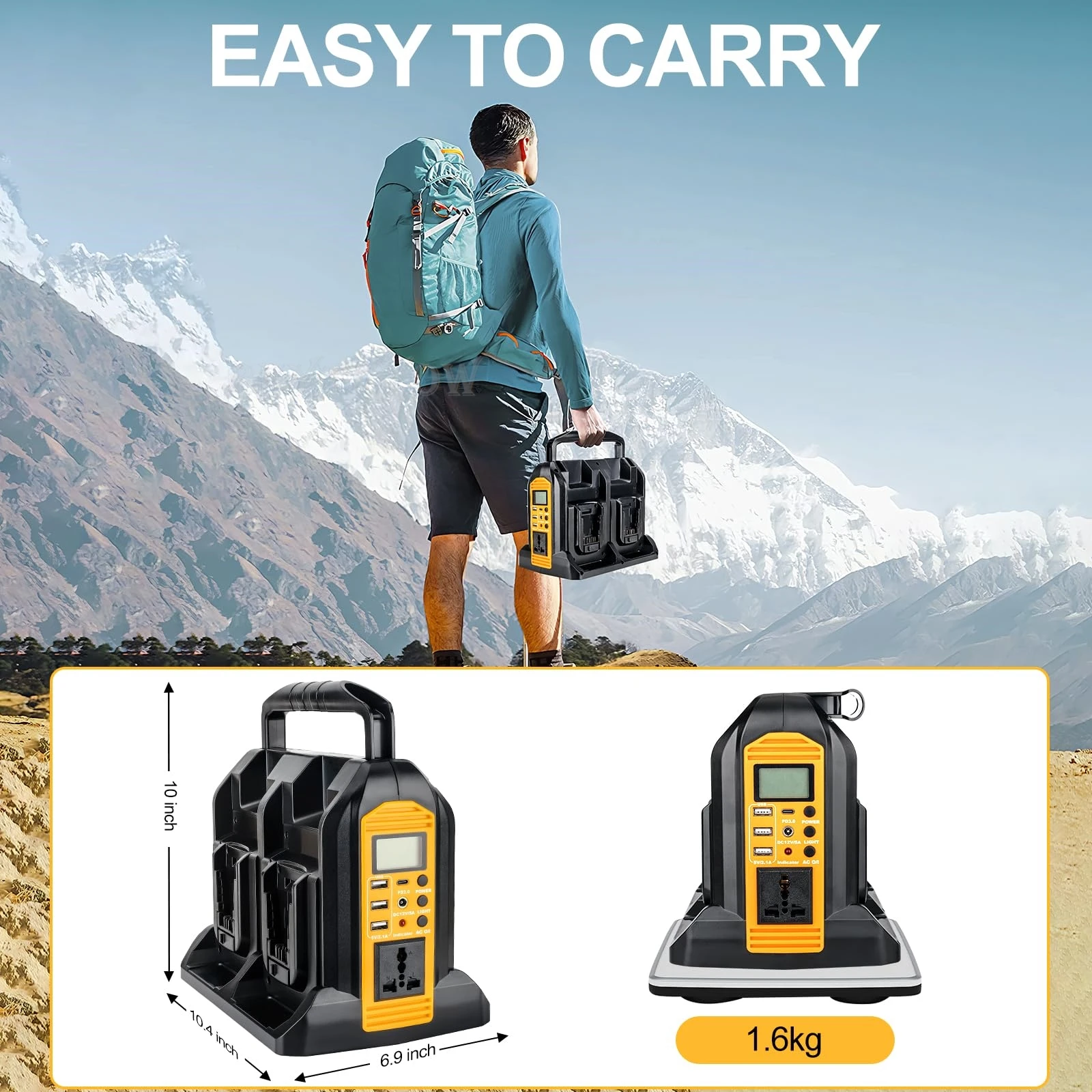 Мощный инвертор 350 Вт для аккумулятора DeWalt 20 В 60 В, 4-портовой инвертор DC 20 В до AC 120V/220-230V Pure Sine Wave Inverter с 3 USB-A & 1-USB-C-портом, 300-литровый светодиодный свет для активности на открытом воздухе US/AU/EU/UK Plug DCB208 DCB204 DCB181 DCB182 DCB200 DCB203 DCB205 DCB201 DCB206 DCB205-2 DCB204-