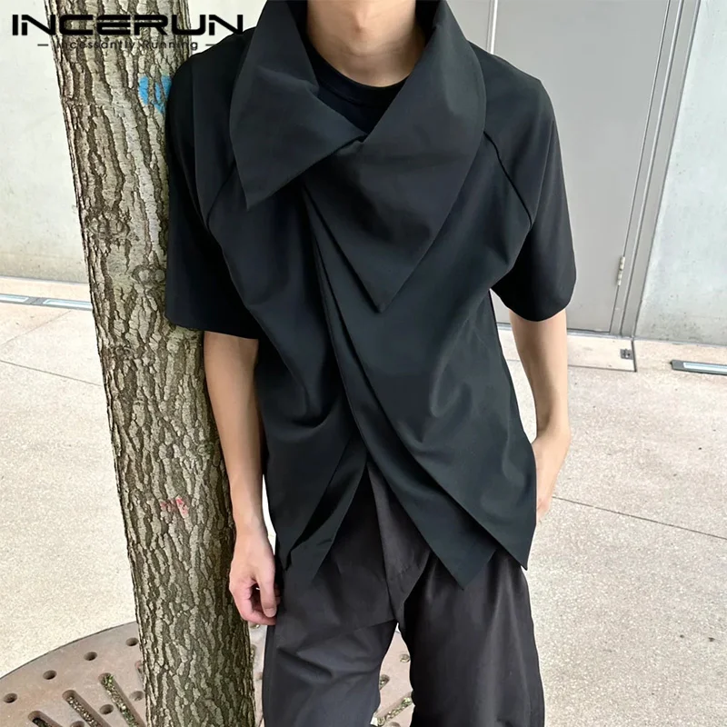 INCERUN Men Irregular Shirts Solid Color Lapel Short Sleeve Summer Casual Men Clothing Streetwear 2024 Fashion Male Shirts S-5XL