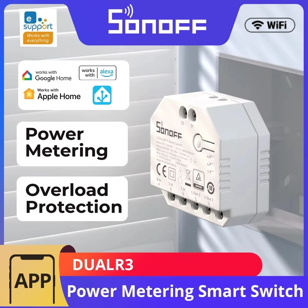 

Sonoff Dual R3 Sonoff Dualr3 WiFi Curtain Switch 2-Gang Dual Relay Module Power Metering Control Via EWeLink Alexa Google