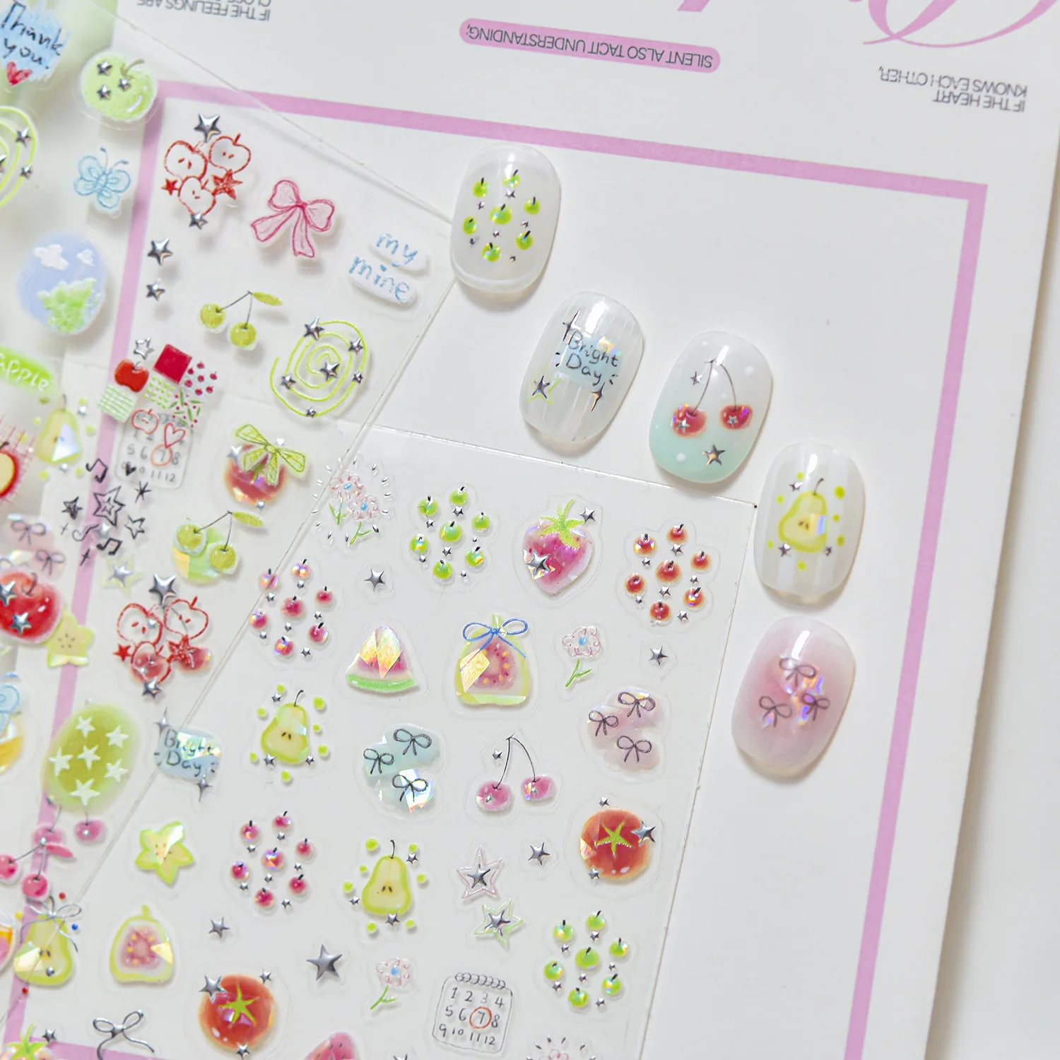 5D Fresh Summer Nail Stickers Fruit Pie Watermelon Slice Strawberry Pear Orange Cherry Bow Star Calendar Firework Nail Art Decal