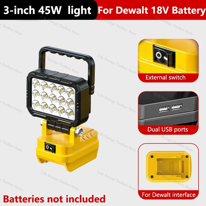 Dewalt 18V accu draagbare LED-werklamp met USB-poort, 8 inch zaklamp voor Dewalt accu, draadloze werklamp