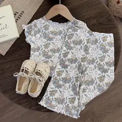 Girls' Sets Vest Shirt Pants Suits Elastic Thin Summer Pajamas Clothes 2024 Flower Casual Style Little Girl Home Daily Suits