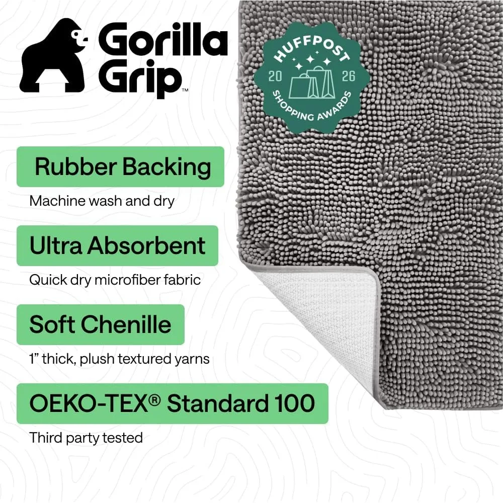 Thick Soft Absorbent Chenille Bath Rug, Quick Dry Microfiber, Non-Slip Rubber Backing, Machine Washable Bathmat, 24x17 Grey