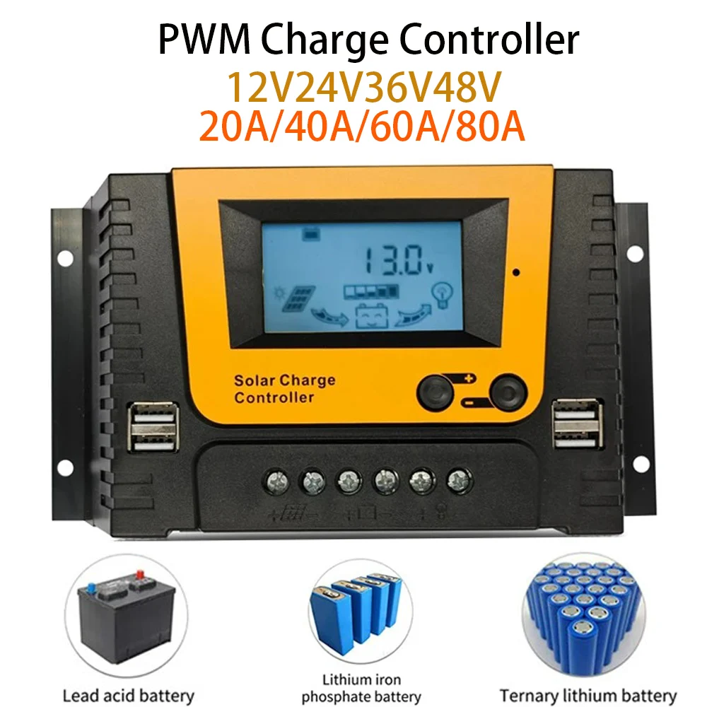 

PWM LCD Display 20A 40A 60A 80A 12V/24V/36V/48V Solar Panel Battery Regulator Charge Controller Dual USB LifePo4 or Lithium