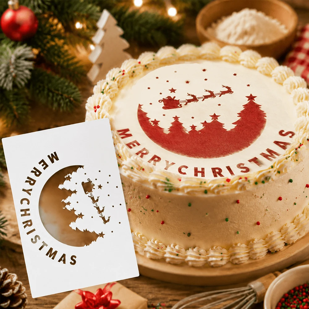 Merry Christmas Cake Decor Stencil, Moon Santa Sleigh Reindeer Pattern, DIY Cake Powder Sieve Spraying Template Baking Tool
