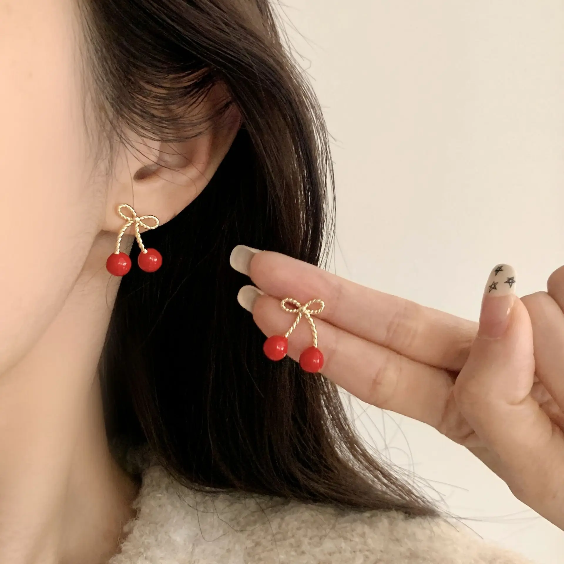 Sam Panda 925 Sterling Silver Bowknot Earrings for Women Cherry Texture Cute Sweet Romantic Elegant Jewelry Gift Dropshipping