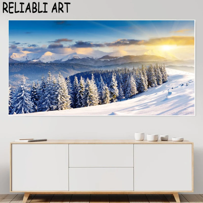Sunset Snow Winter Natural Landscape Poster and Prints Canvas Painting Wall Art Pictures For Living Room Home Decor No Frame