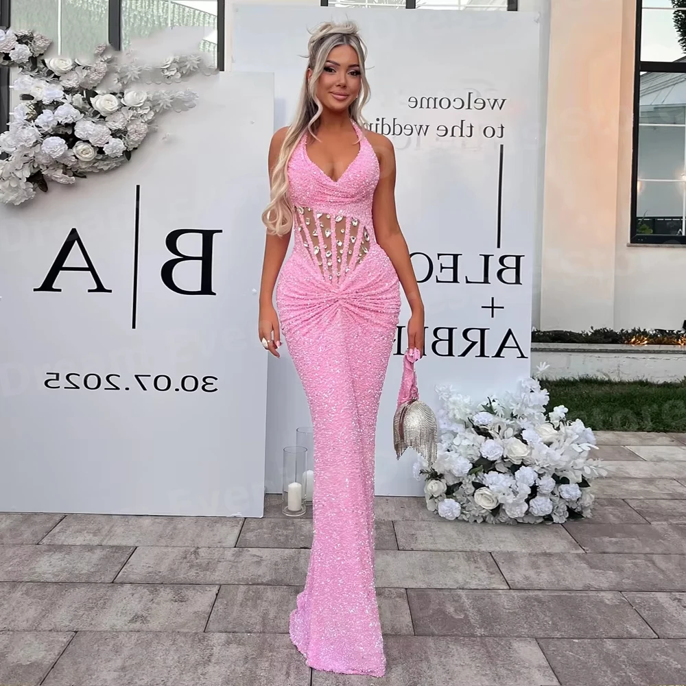 Luxueux sirène femmes licou cou perlé robes De Soirée personnalisé robes Para Mujer robes De bal paillettes Robe De Soirée