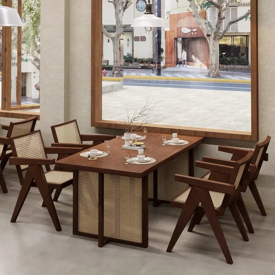 Solid wood rattan dining table Japanese material store commercial restaurant B & B rectangular dining table and chair