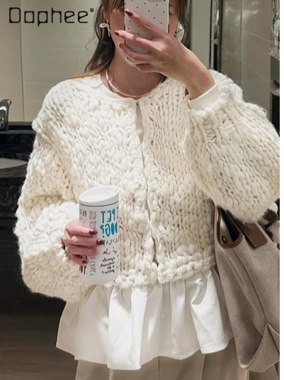 

French Style Sweet Ruffled Patchwork Cardigan Early Spring New Fashion Knitted Loose Fashion Versatile Round Neck Cardigan Women