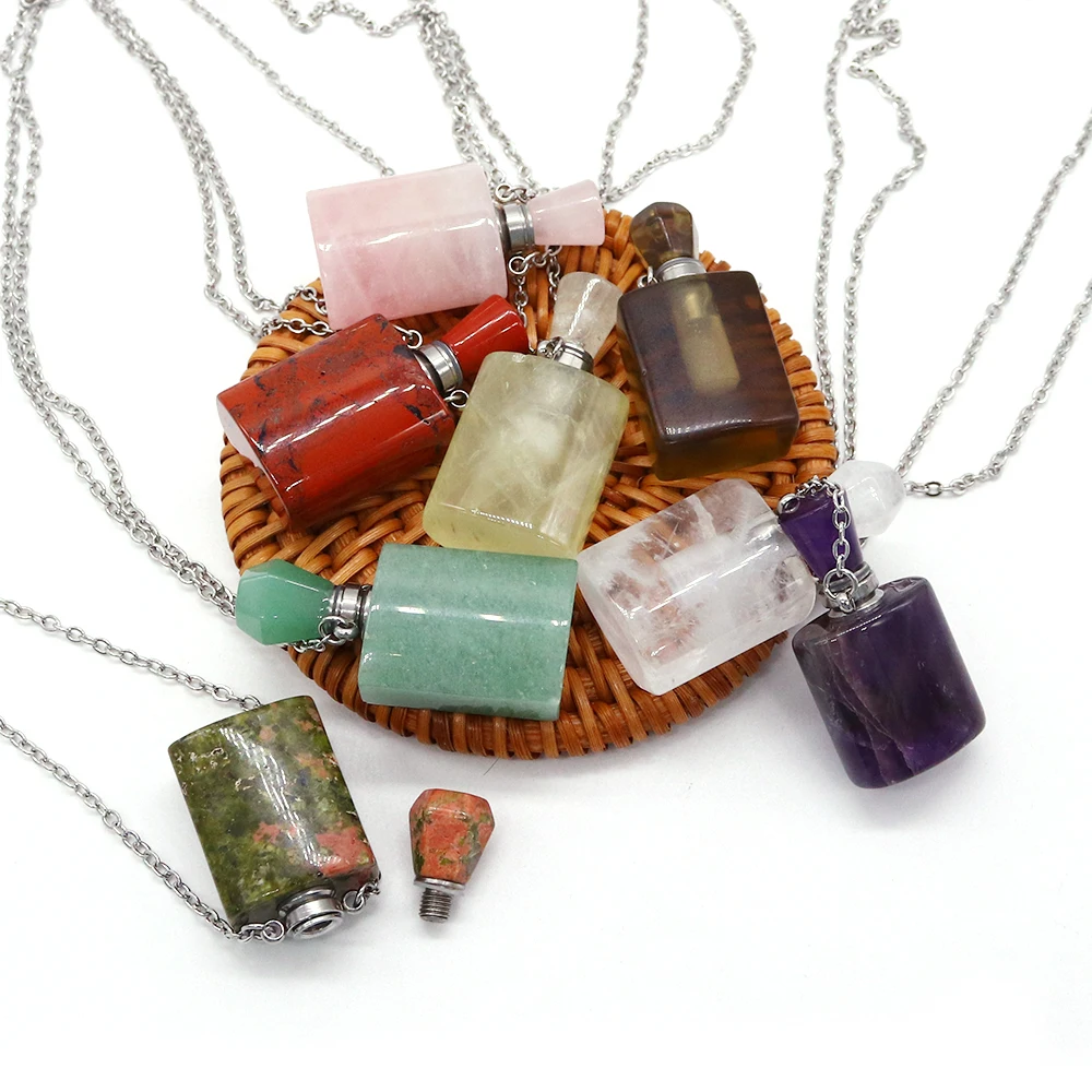 

Rectangle Natural Crystal Agate Geometric Smooth Surface Perfume Bottle Pendant Necklace-Stylish DIY Jewelry Accessory Necklace