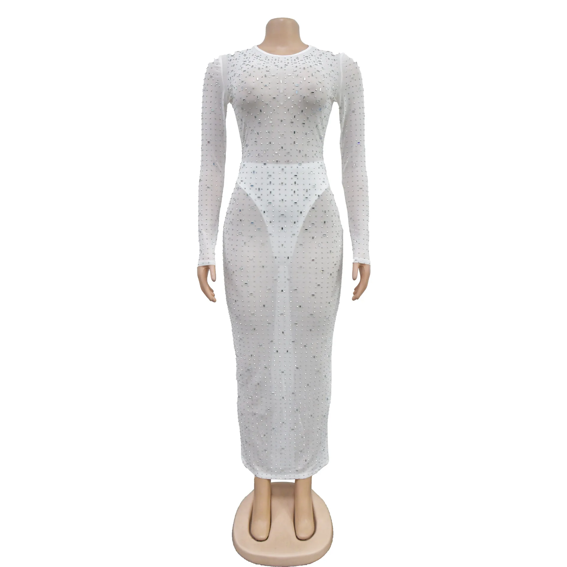 Nueva moda Sexy manga larga cuello redondo lentejuelas Color sólido ajustado vaina Split Sheer vestido hasta el suelo para mujer, 4 colores