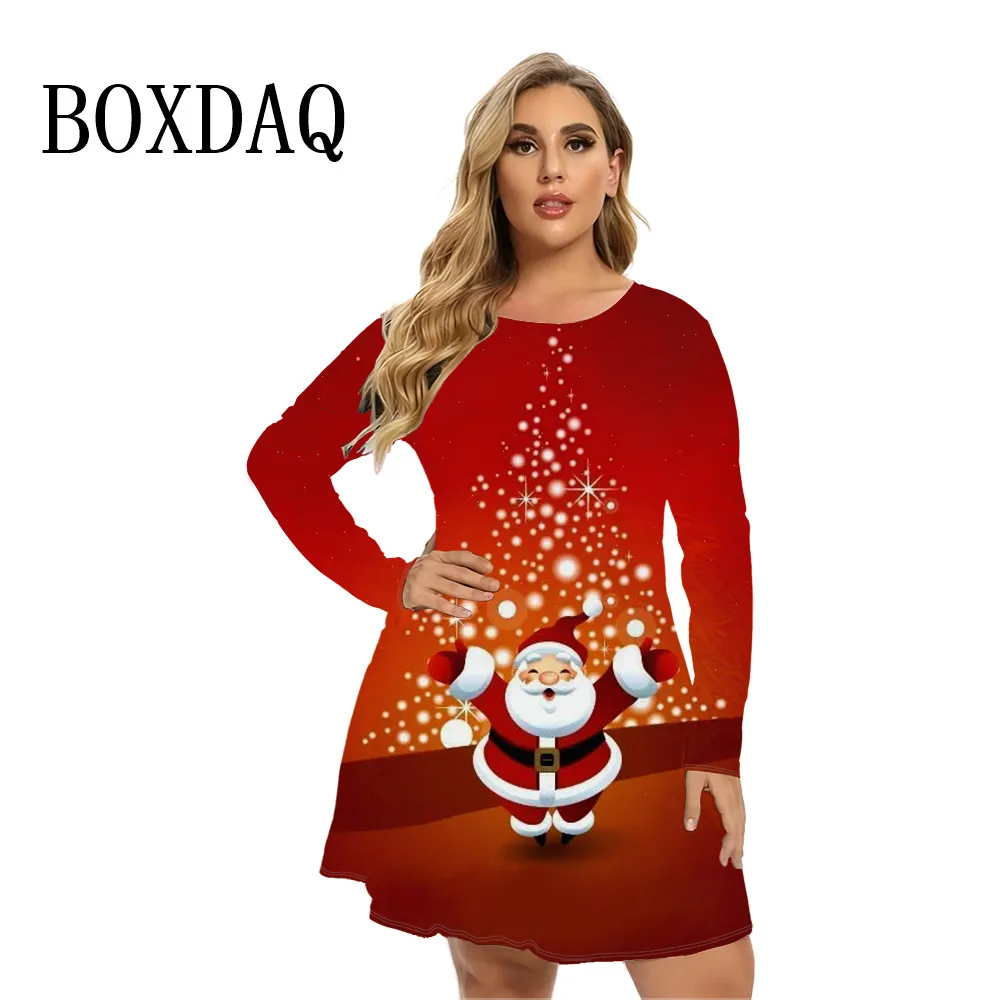 Funny Cute Christmas Women Long Sleeve Dress Winter Party Christmas Print A-Line Dress Casual Santa Claus Loose Plus Size Dress