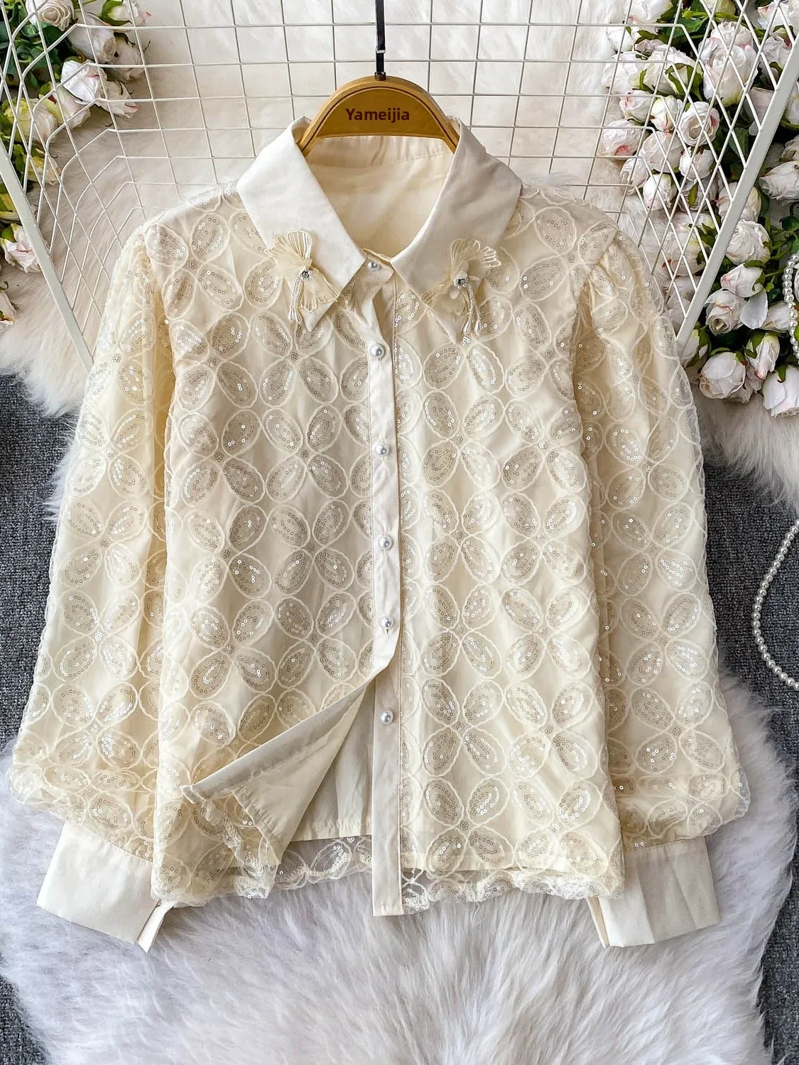 

Ele Heavy Embellied Кружева с блестками Воротник-стойка irt Женский летний утягивающий свободный топ в Корейском стиле Long Sve irt