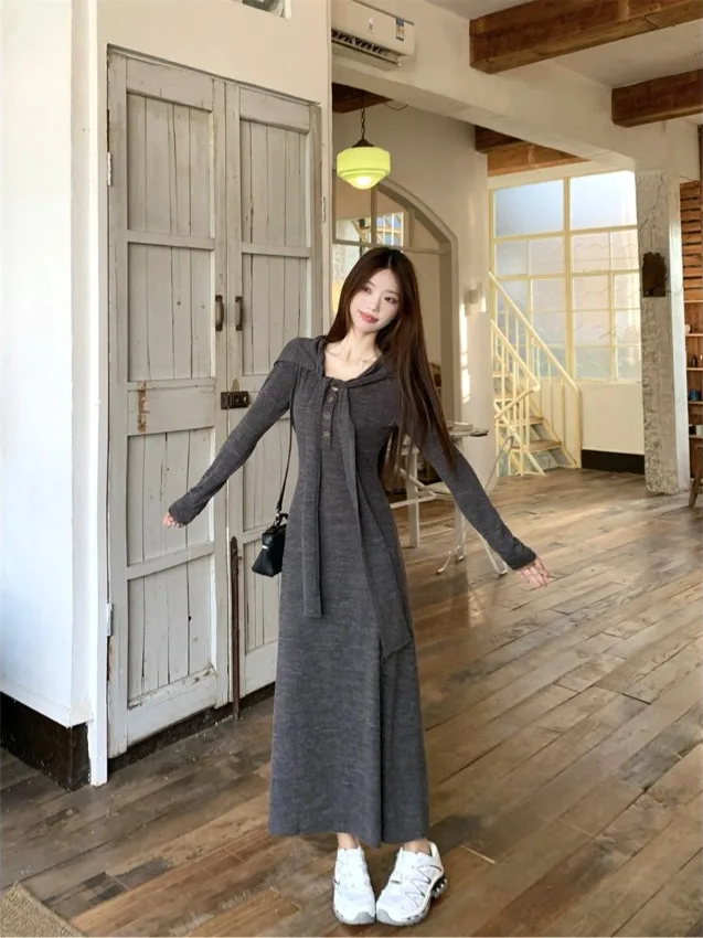 

Серое вязаное платье с V-образным вырезом и длинными рукавами, женское, весеннее, новое, облегающее, драпированное, с запахом, длинное, с завышенной талией, в корейском стиле, для повседневной носки