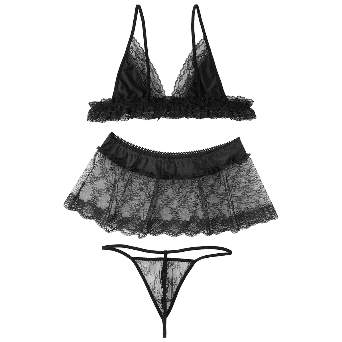 Mens Lace Sissy Lingerie Set Erotic Crossdress See-though Underwear Spaghetti Straps Bra Top with G-string Panties Briefs