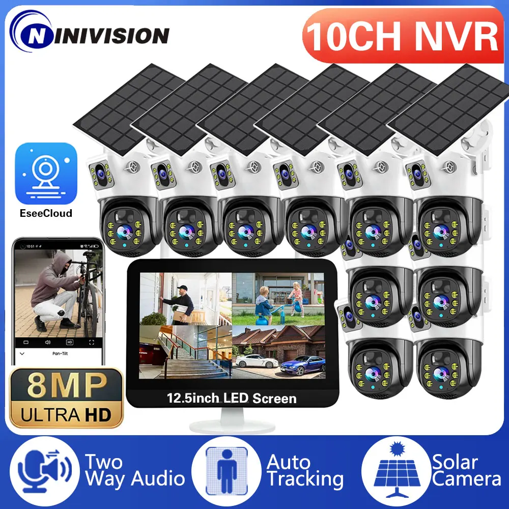 

8MP Solar battery Camera Wireless Security System 12.5＂Monitor 10CH WiFi Home Surveillance NVR Kits Outdoor CCTV IP PTZ Cam Set