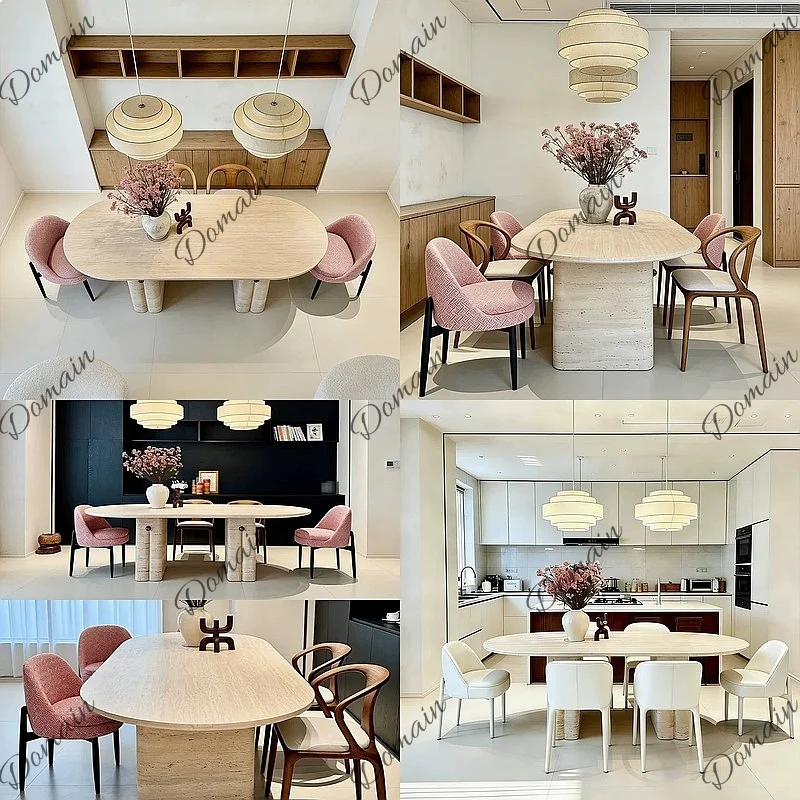 French Retro Natural Travertine Dining Table Oval Stone Slab Luxury Villa Living Room Home Furniture