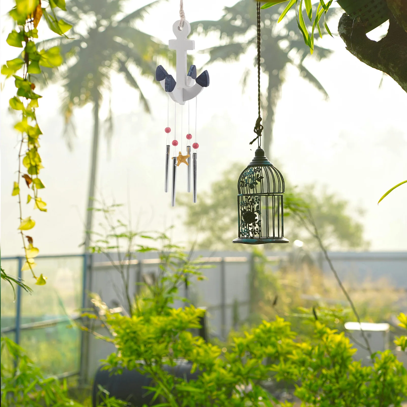 

Wooden Anchor Wind Chime Nautical Mediterranean Outdoor Metal Tube Hanging Ornament Beach Coastal Wall Decoration