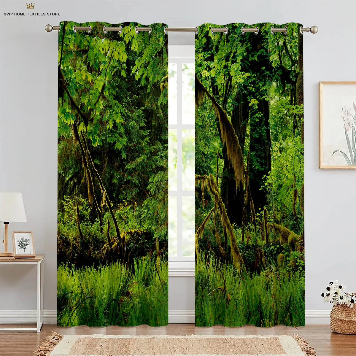 Green Forest 3d Stereo Printing Curtain Polyester Fiber Machine Washable Bedroom Living Room Study Decorative Curtain 2 Pieces