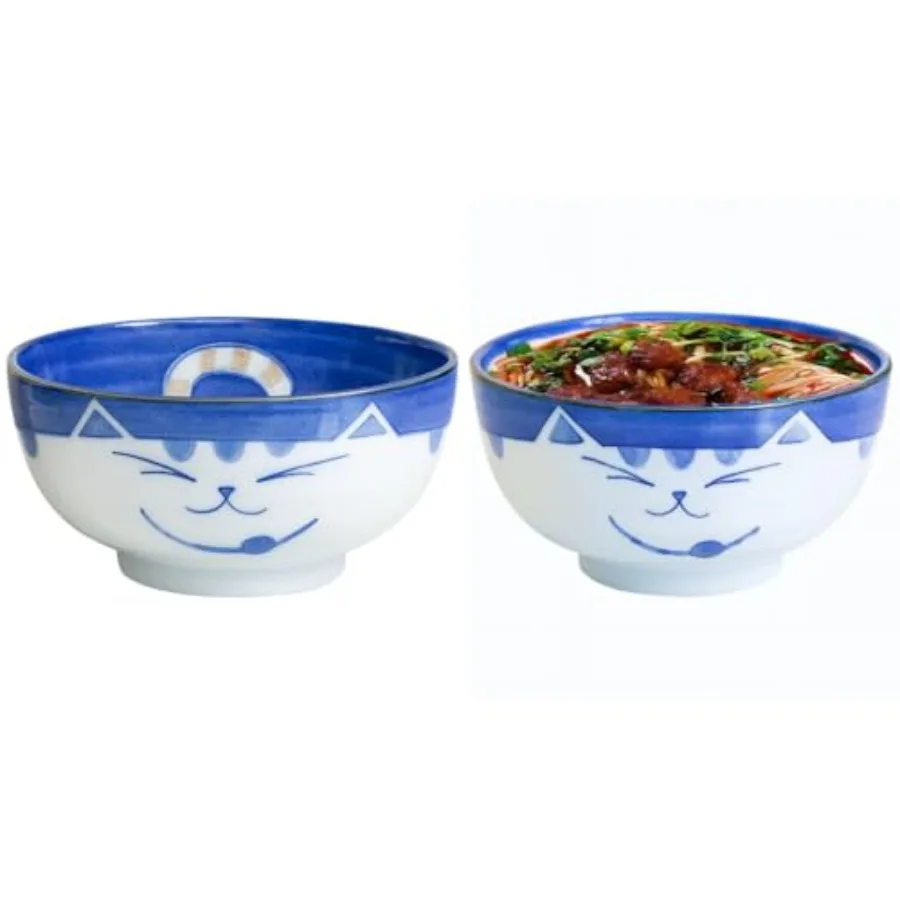 Juego de Tazones Grandes de Porcelana Japonesa para Servir Sopa, Arroz, Fideos, Ensalada, con Diseño de Gato Sonriente Maneki Neko, 3 fl.oz, .5-, Hecho en Japón
