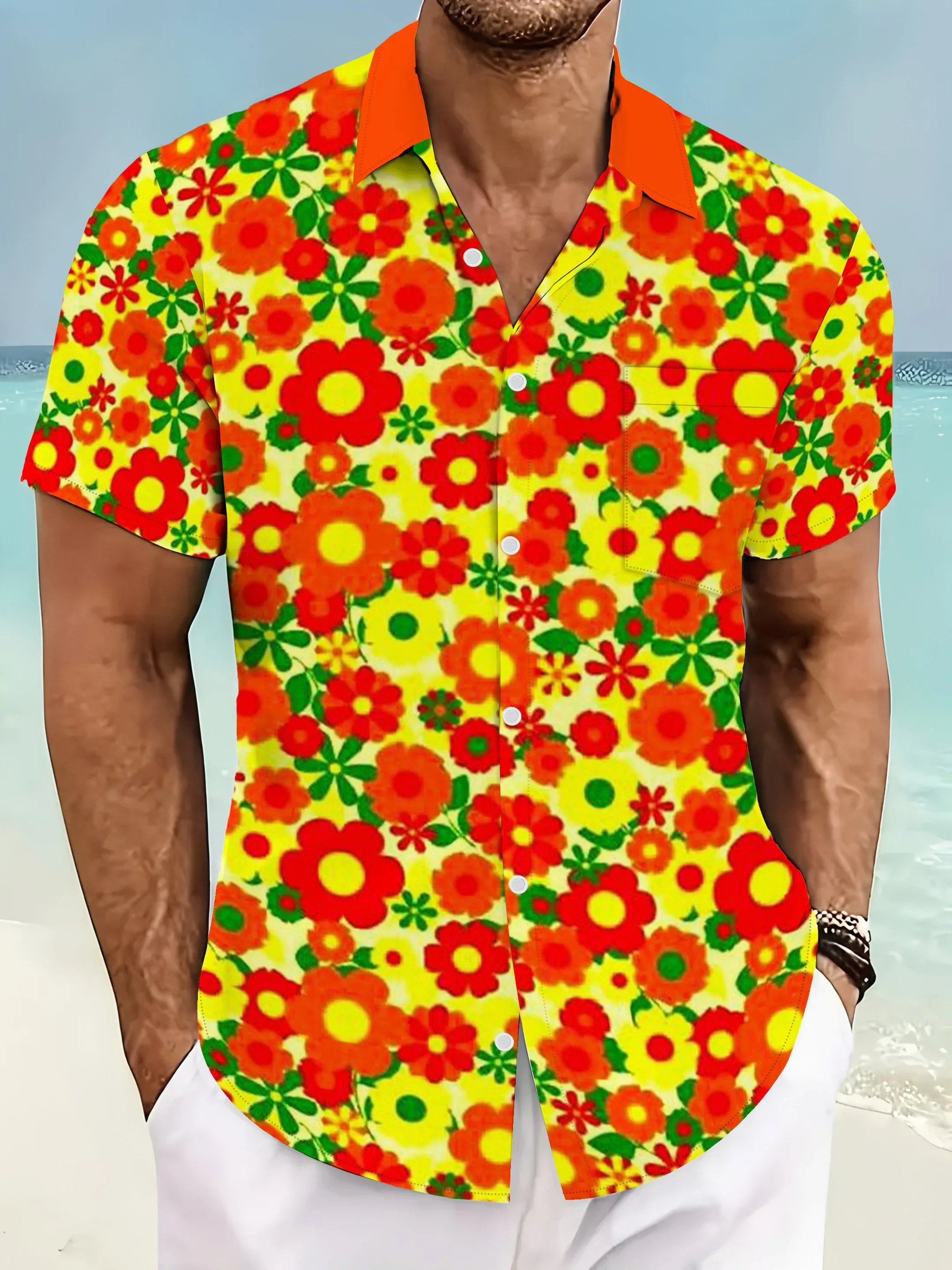 Men's Shirt Retro Floral All Over Print Short Sleeve Turn Down Collar Summer Beach Holiday Loose Trendy Mens Clothing