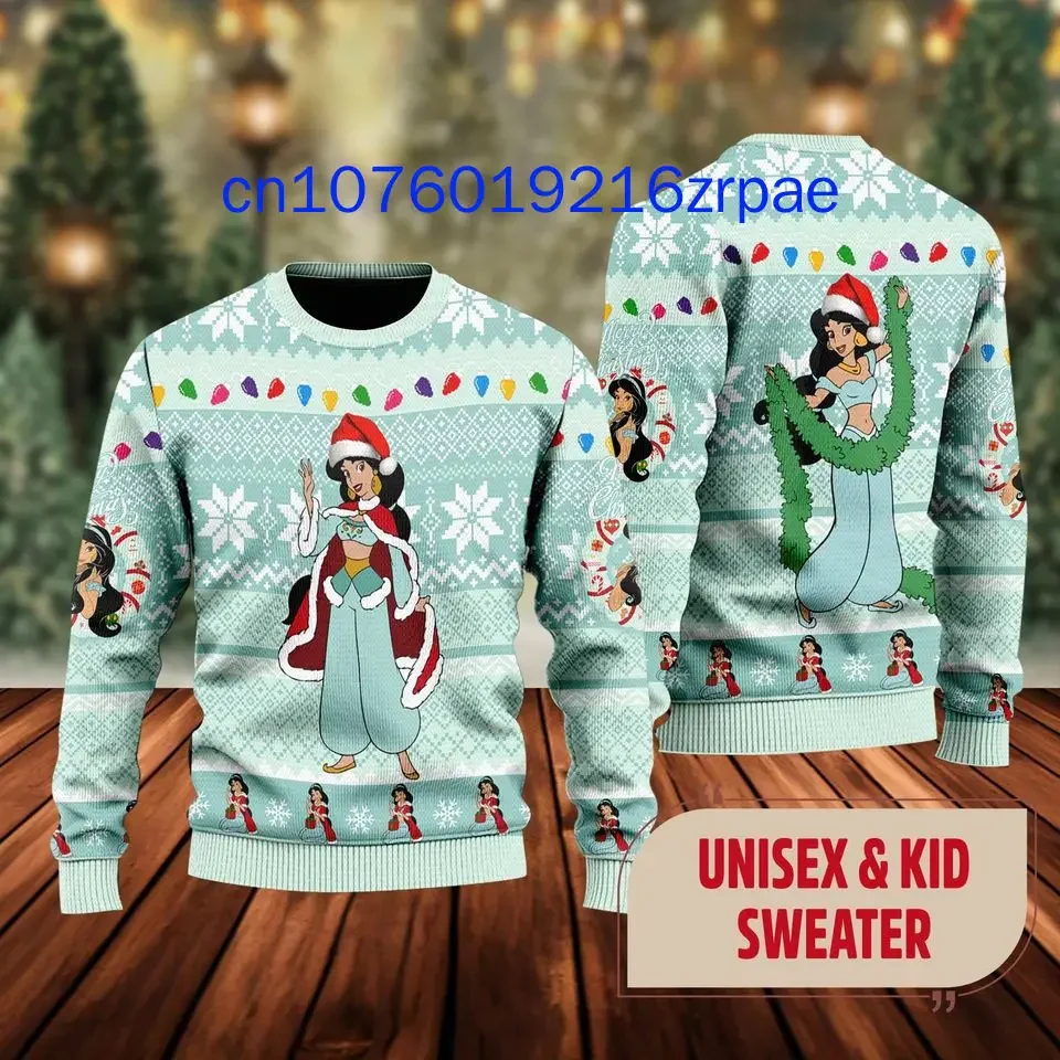 Disney Jasmine Princess Children's Christmas Sweater 3D Print Men and Women Casual Cartoon Sweatshirt Christmas Sweater