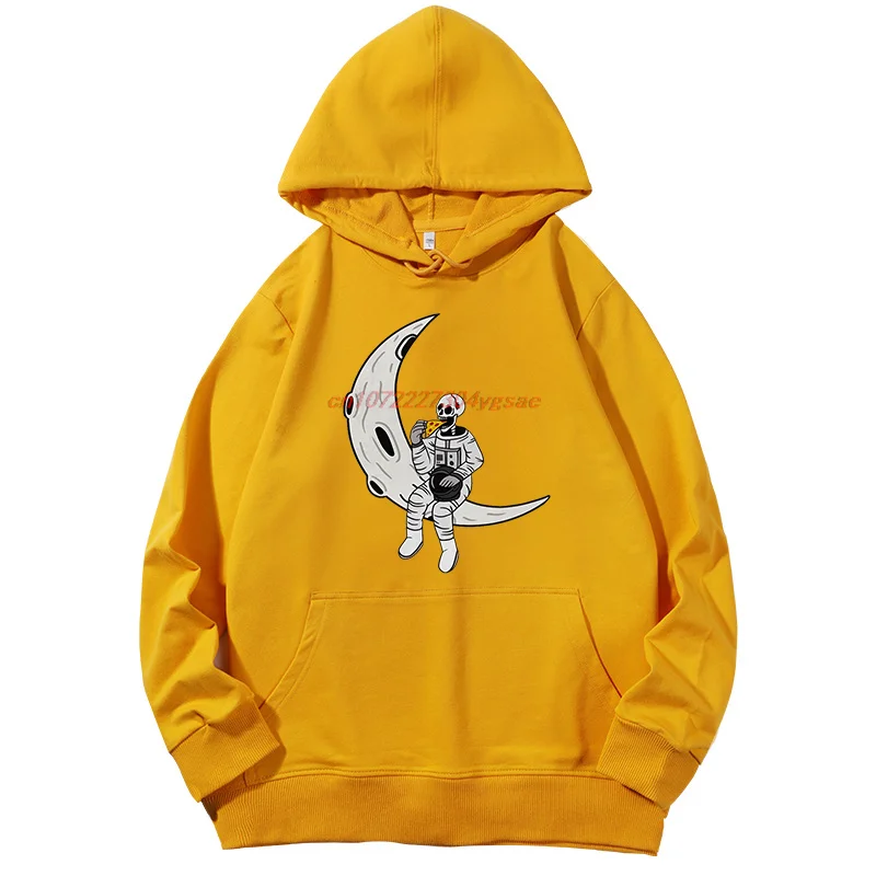 مضحك رائد الفضاء الهيكل العظمي تناول البيتزا على القمر مضحك الجرافيك قمصان سويت شيرت بقلنسوة القطن ربيع الخريف للجنسين البلوز هوديس