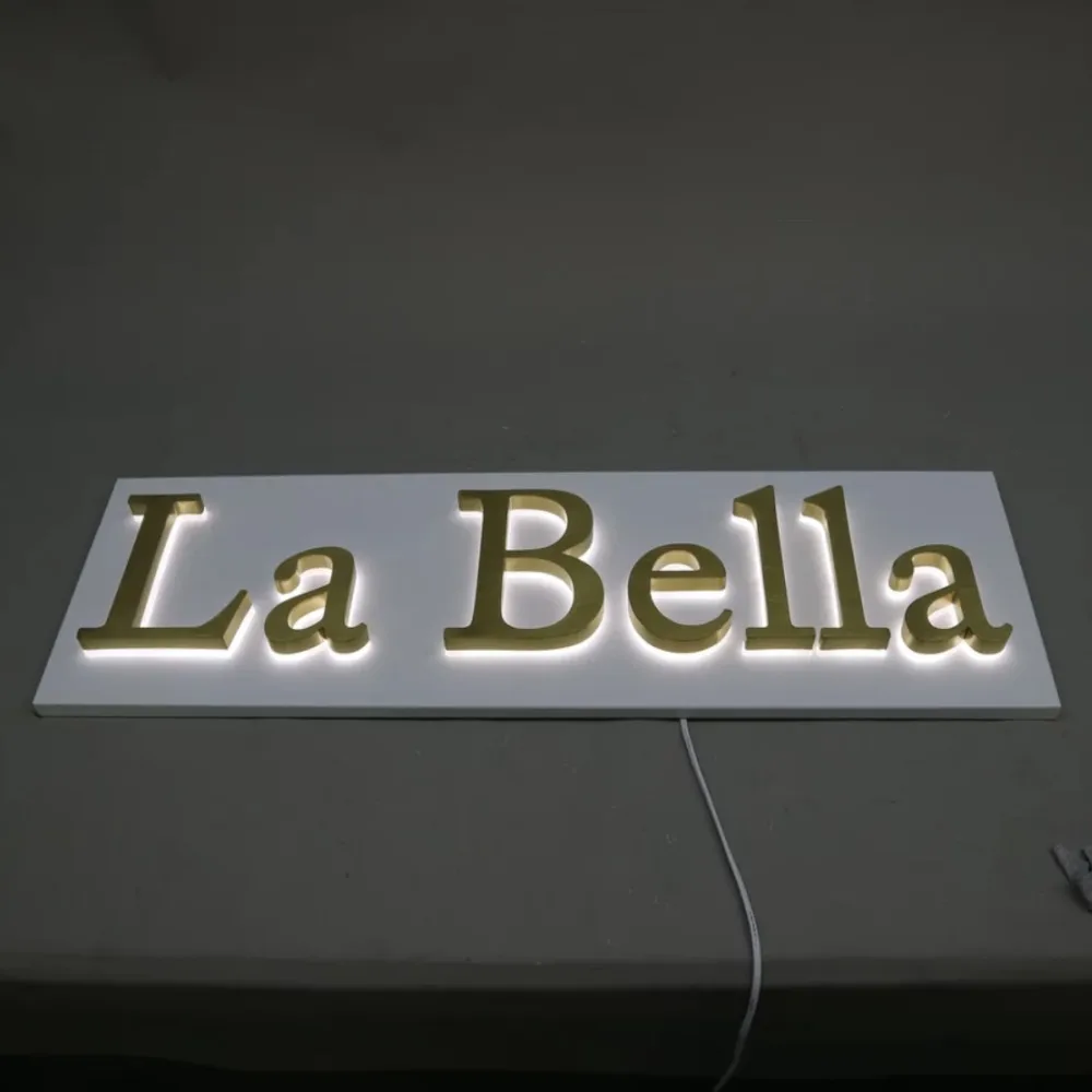 Espelho dourado personalizado polido aço inoxidável escovado retroiluminado sinal de letra LED 3D, logotipo de negócios de loja iluminada traseira sinal LED