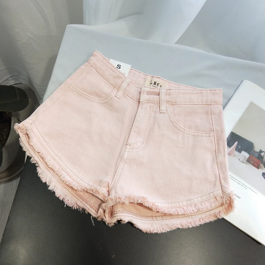 Pantaloncini di jeans estivi da donna Pantaloncini con frange tinta unita a vita alta Jeans corti femminili di base alla moda retrò americana