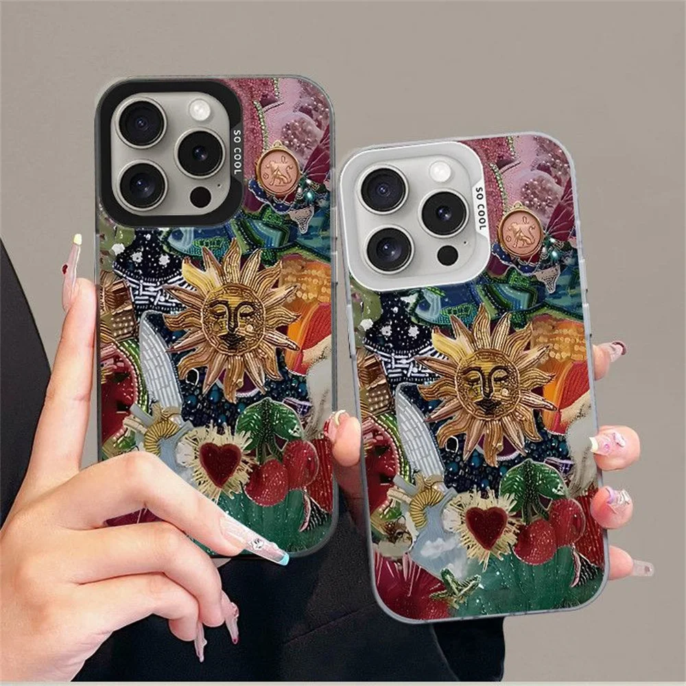 Retro Style Face Sun Stars Electroplate Silver Phone Case For iPhone 16 17 Pro 11 12 13 14 15 Pro Max 17 Air 16E Anti-drop Cover