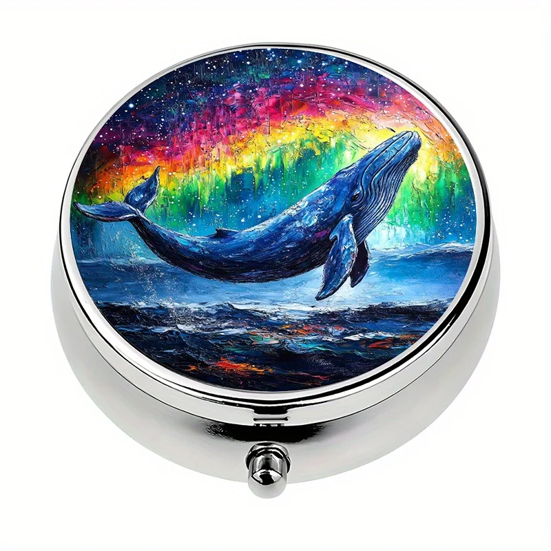 1 pill box, with 3 compartments, galaxy whale aurora theme, mini pill box, medication storage box, unique gift for travel
