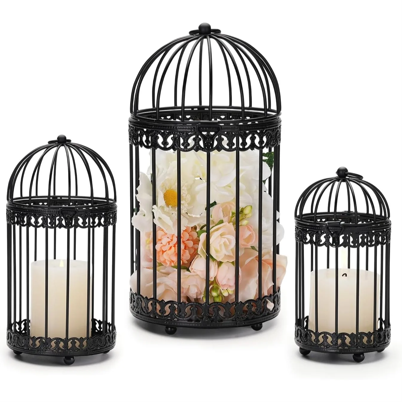 

Decorative Bird Cages for Centerpiece, Black Vintage Hanging Lantern Set of 3 Metal Pillar Candle Holders for Halloween Party