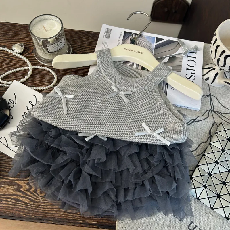 Korean Version of Children's Clothing 2025 New Summer Girls Knitted Bow Vest Foreign Style Tutu Cake Skirt Two-piece