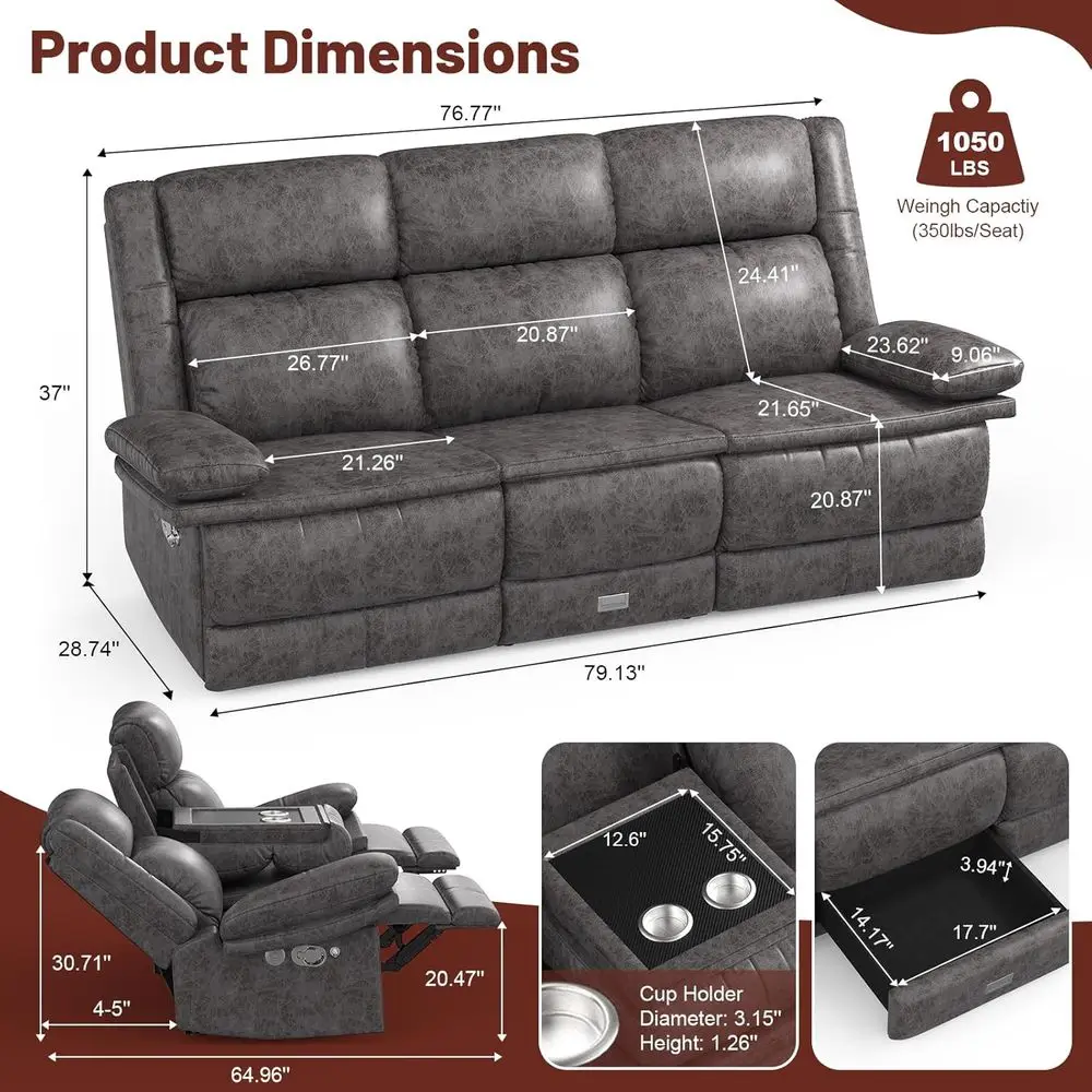 أريكة قابلة للاستلقاء بثلاثة مقاعد مع مسند ظهر قابل للتعديل ومنافذ USB وحاملات أكواب لغرفة المعيشة واستخدام RV