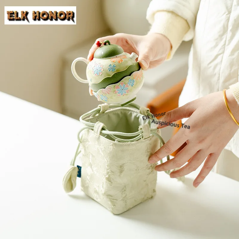 Hand-painted Colorful Flower Travel Tea Set Kit Handmade 1 Pot 2 Cups Tea Maker Organizer Portable Outdoor Stock Bags Collection