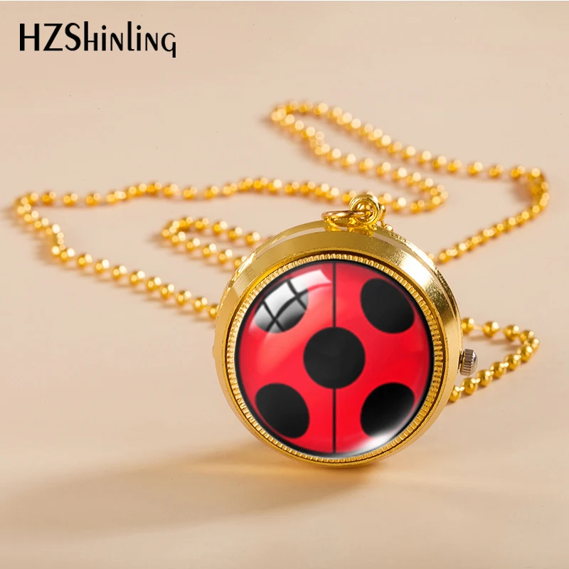 2023 Coccinellidae ladybugs Back Gold Color Pocket Watch Glass Cabochon Pendants Fashion Jewelry Necklace jewelry