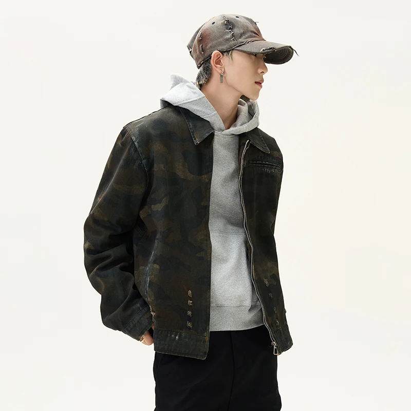 PFNW Men's Camouflage Jacket New American Vintage Lapel Worn-out Streetwear Washed Hip-hop Tops 2024 Autumn Trendy 28W5009