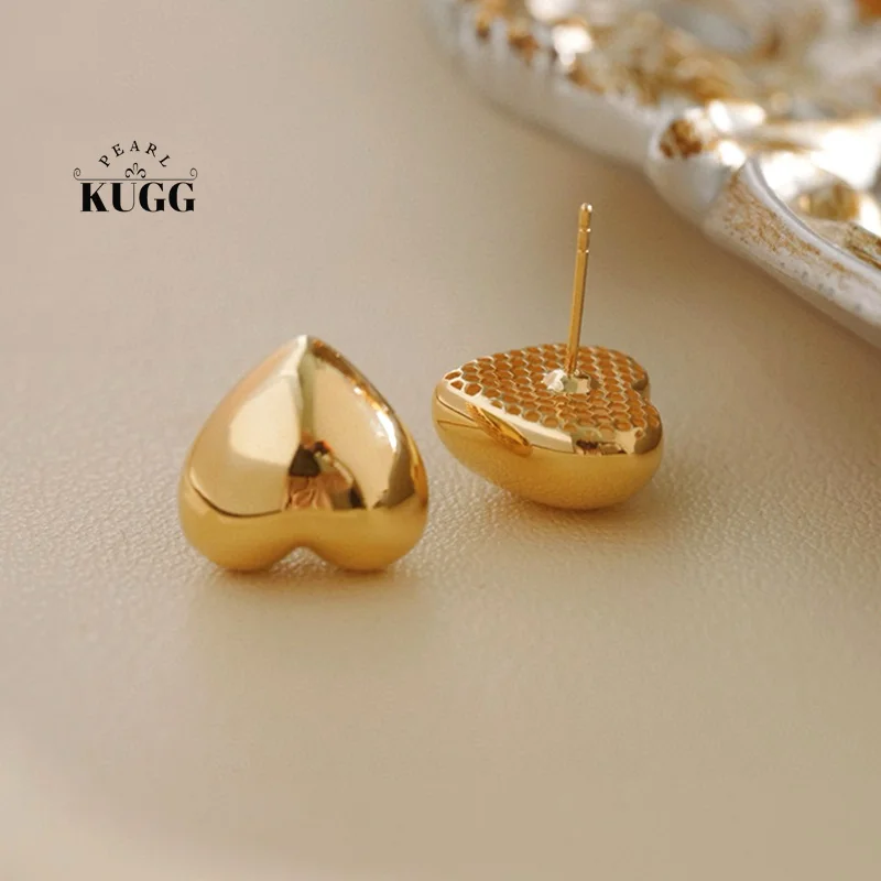 KUGG 100% 18K Yellow Gold Earrings Gentle Girl Style Shiny Heart Shape Stud Earrings for Women High Wedding Jewelry