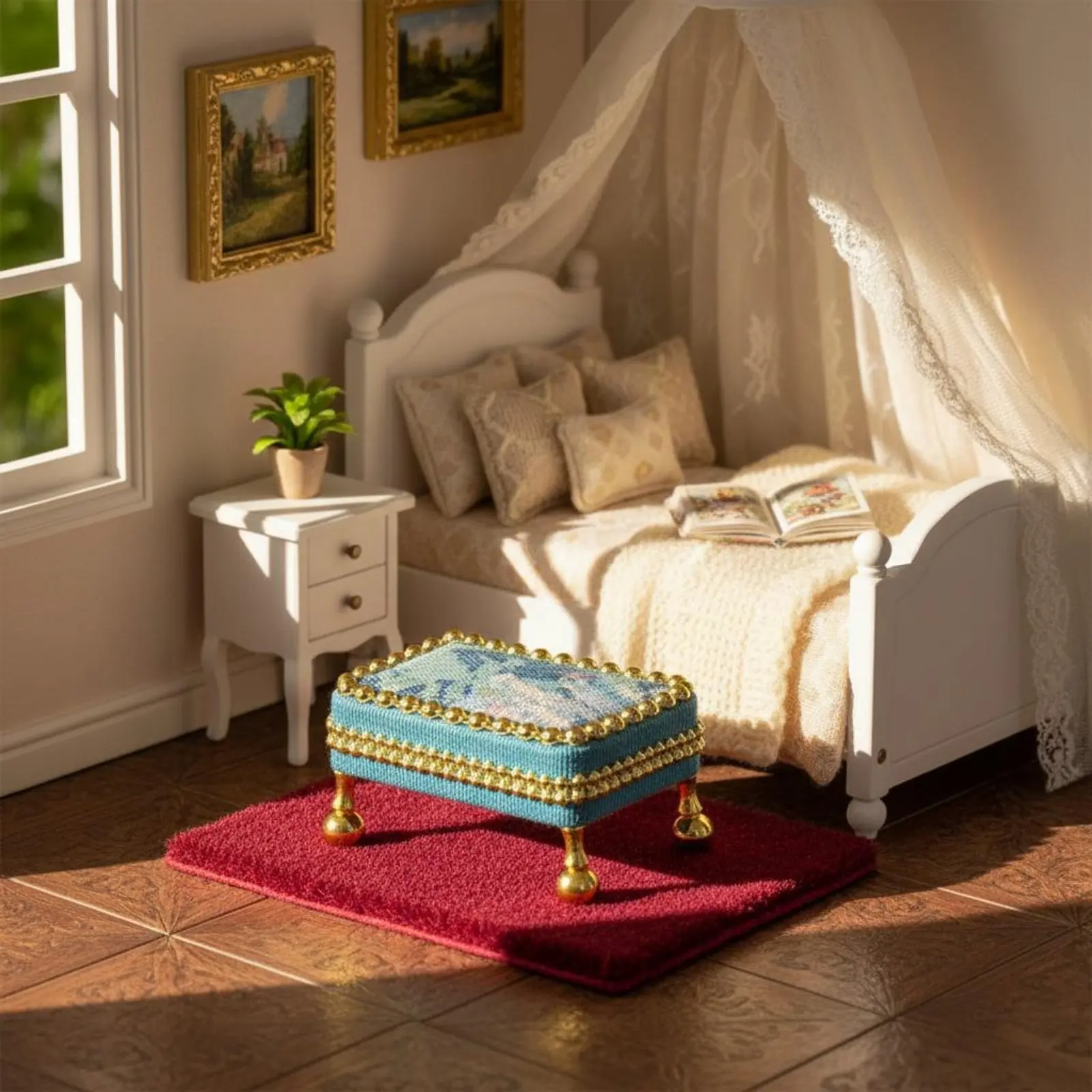

3 Pieces Princess Bed European Design Dollhouse Sofa Set Mini Sofa Set 1/12 Scale Mini Bed Furniture Pink Color