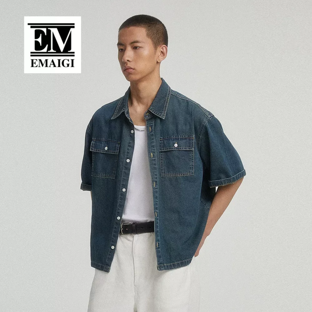 

Summer American Vintage Style Denim Shirt Men Japanese Korean Streetwear Fashion Loose Casual Denim Short Sleeve Shirts Blouse