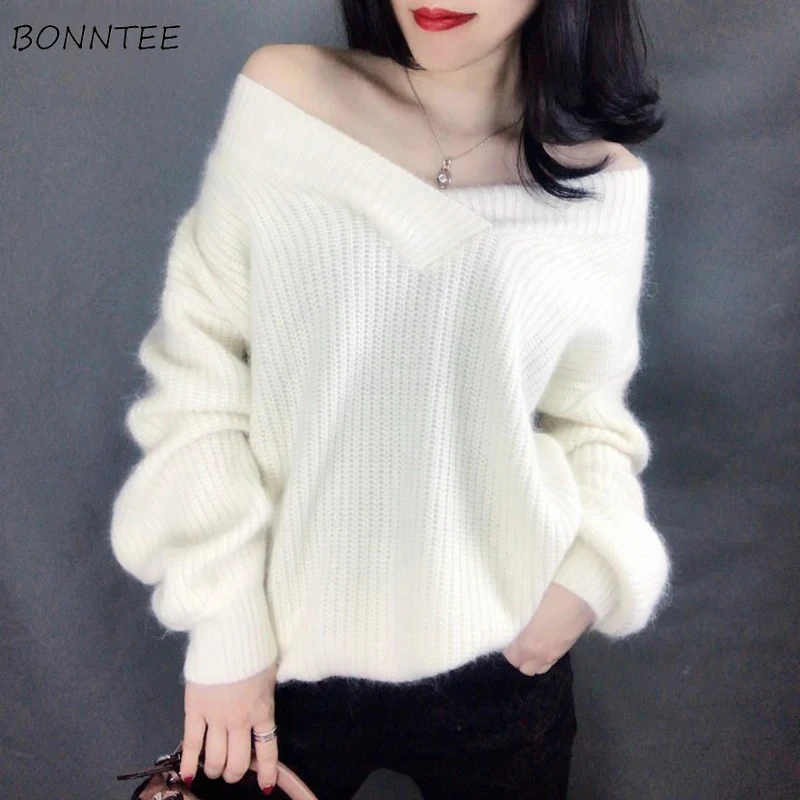 

Женские пуловеры, уютные свободные вязаные свитера с v-образным вырезом, модные ретро универсальные элегантные женские верхняя одежда, повседневная одежда с длинным рукавом, Лидер продаж