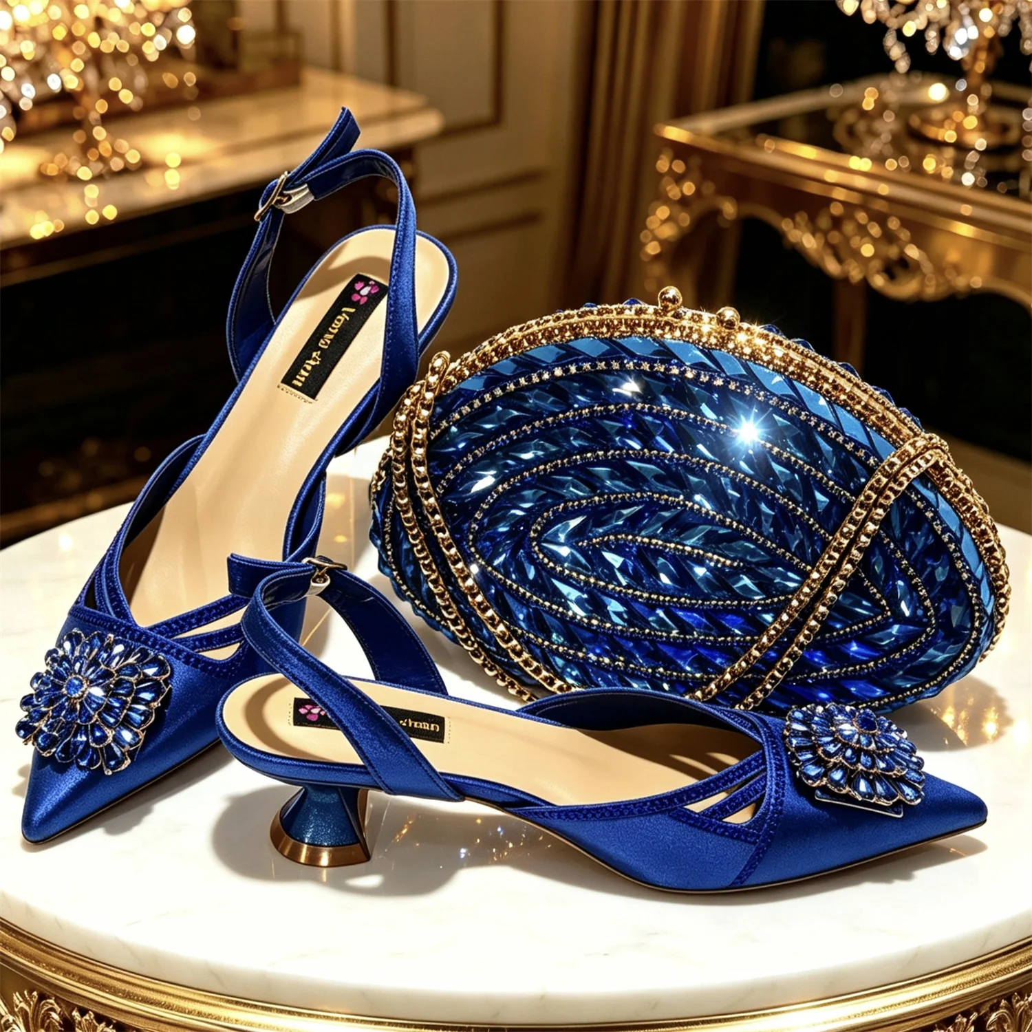 New Italian Design Blue Rhinestone High Heel Shoe & Bag Set Elegant Pointed-Toe Women Shoes For Wedding Party Evening Occasions