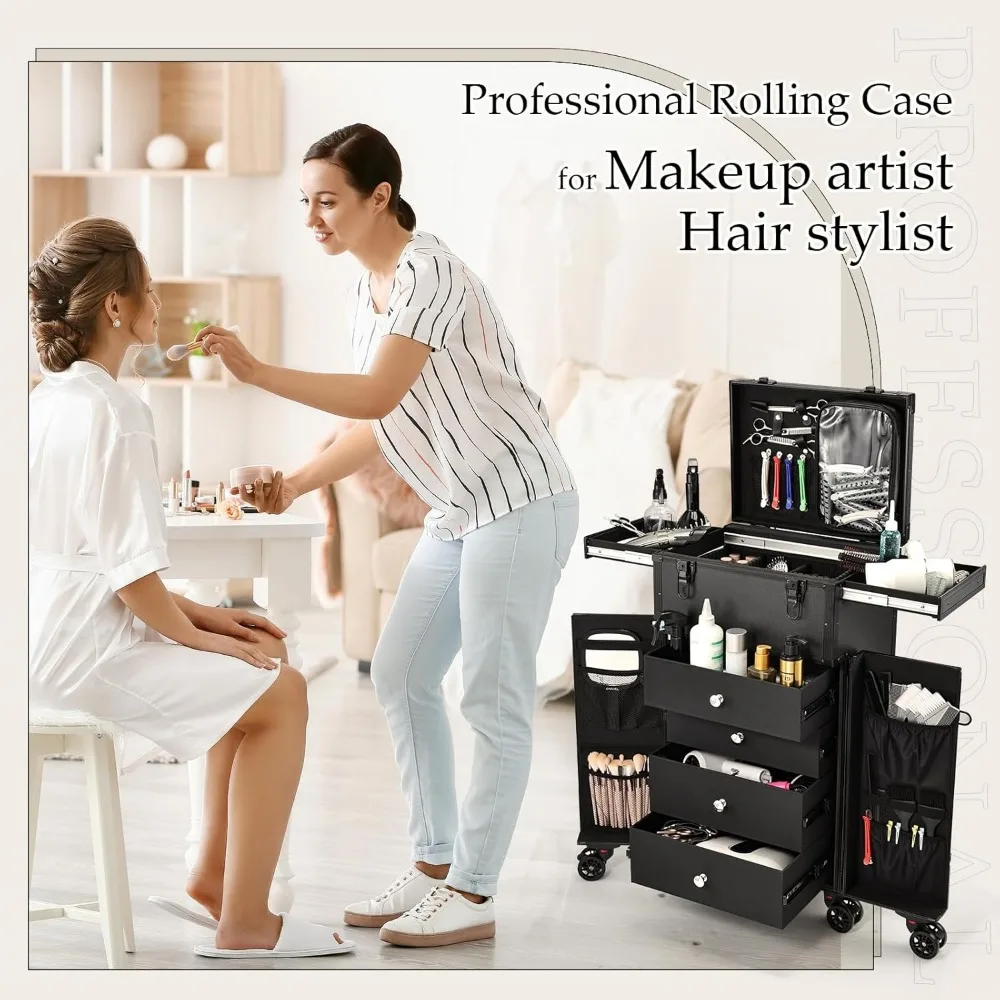 Professional Rolling Makeup Case 4 Drawers Pro Makeup Artist Cosmetic Train Case Hairstylist Travel Case Portable Make Up  Black