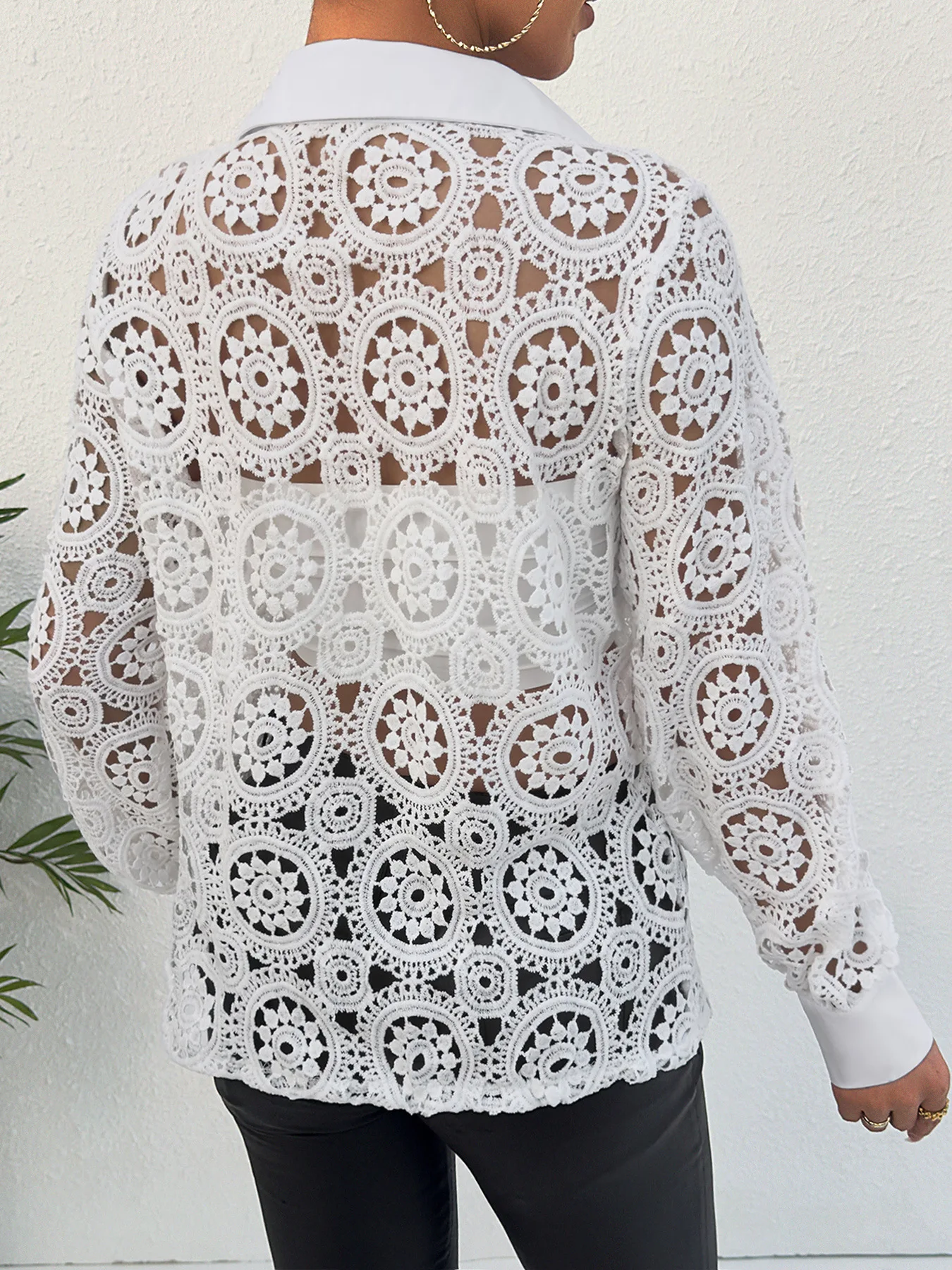Women Chiffon Button Turtleneck Shirt Chic Elegant Floral Lace Fluffy Long Sleeve Top Fashion Hollow Oversize White Blouse 2024