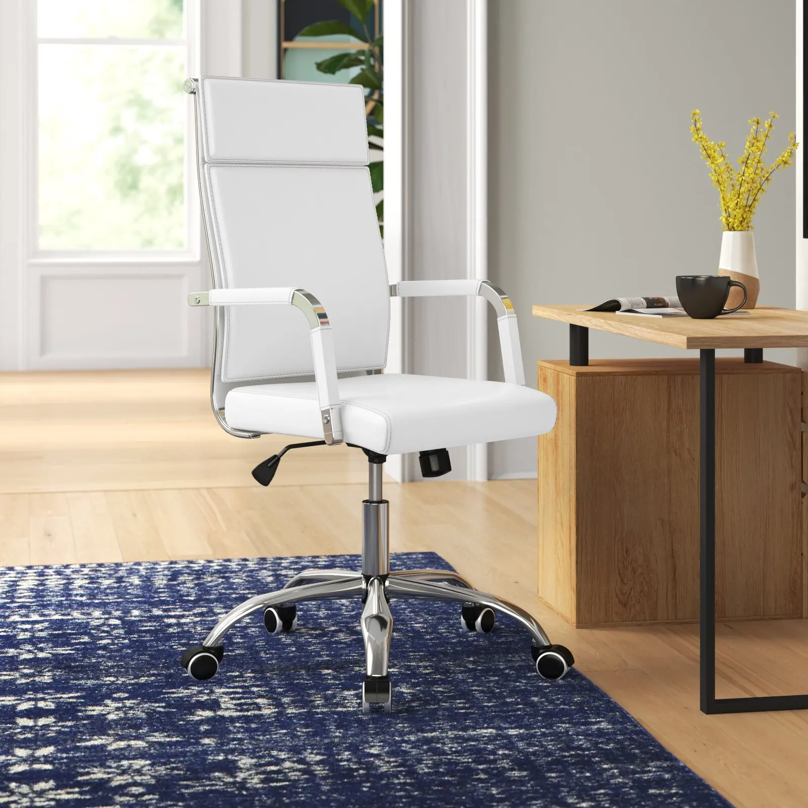 

Mid-Back Office Desk Chair Executive Adjustable Swivel Task Chair PU Leather Conference Chair with Armrests,White/Black