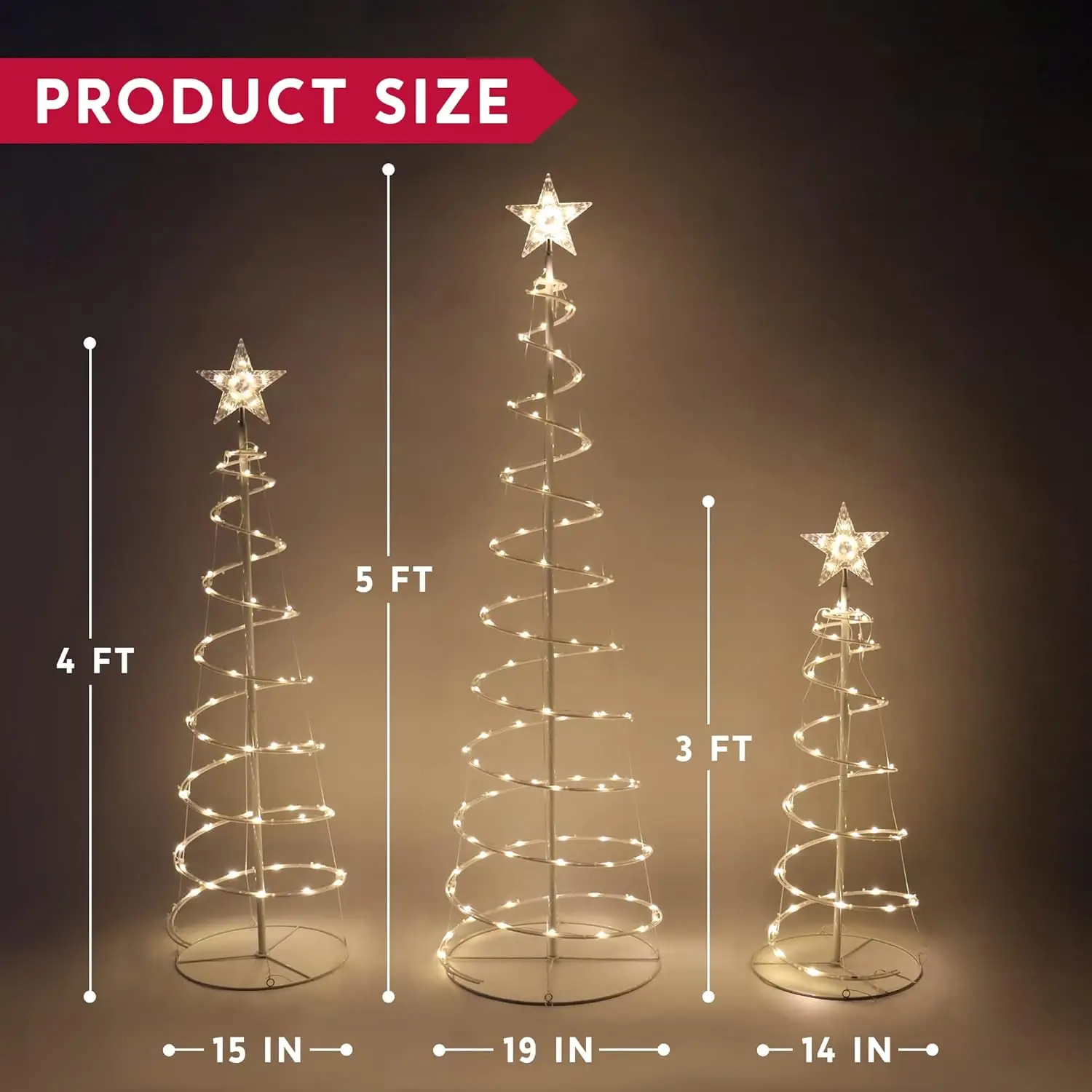 JOYFY Lot de 3 lumières d'arbre de Noël en spirale 218 LED Arbre éclairé extérieur pour décorations de Noël Cour Décor de nuit de réveillon de Noël