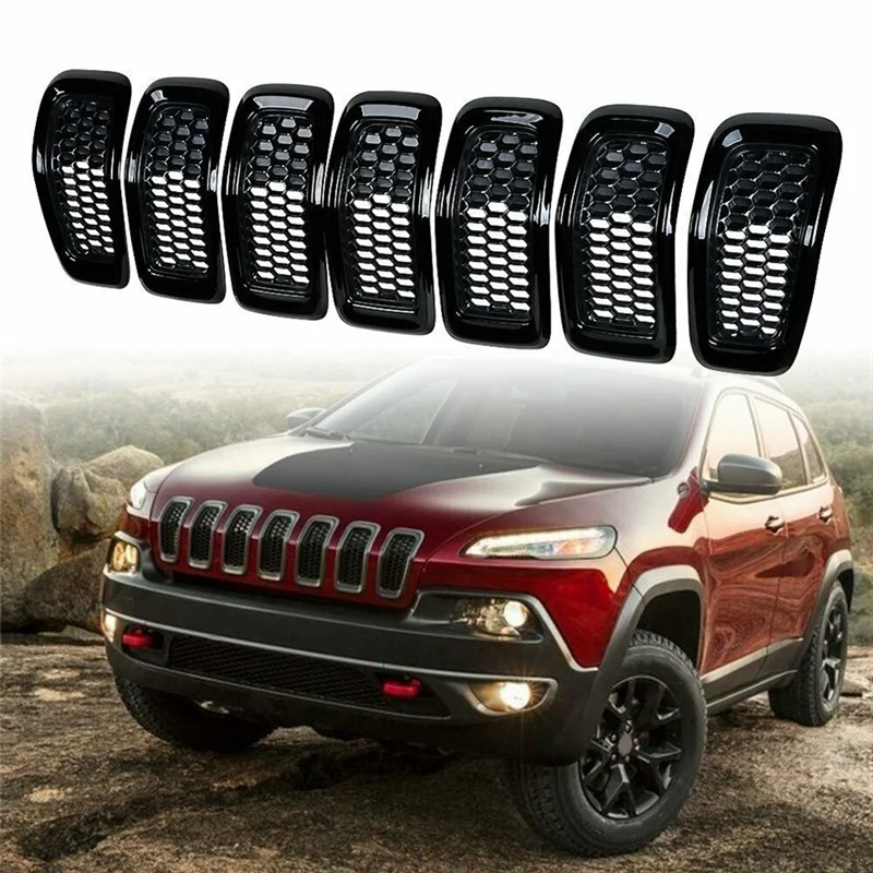 

New Arrival 7PCS Car Front Bumper Central Grill Cover Trim Mesh Honeycomb Racing Grilles For Jeep Cherokee 2014-2018